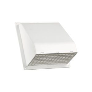 White Plastic Wall Exhaust Hood Bath Fan Vent - Spring Damper - Removable Screen - Flat Flange - 1.5 inch Collar - Front Closed