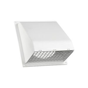 White Plastic Wall Exhaust Hood Bath Fan Vent - Spring Damper - Removable Screen - Flat Flange - 1.5 inch Collar - Front Opened