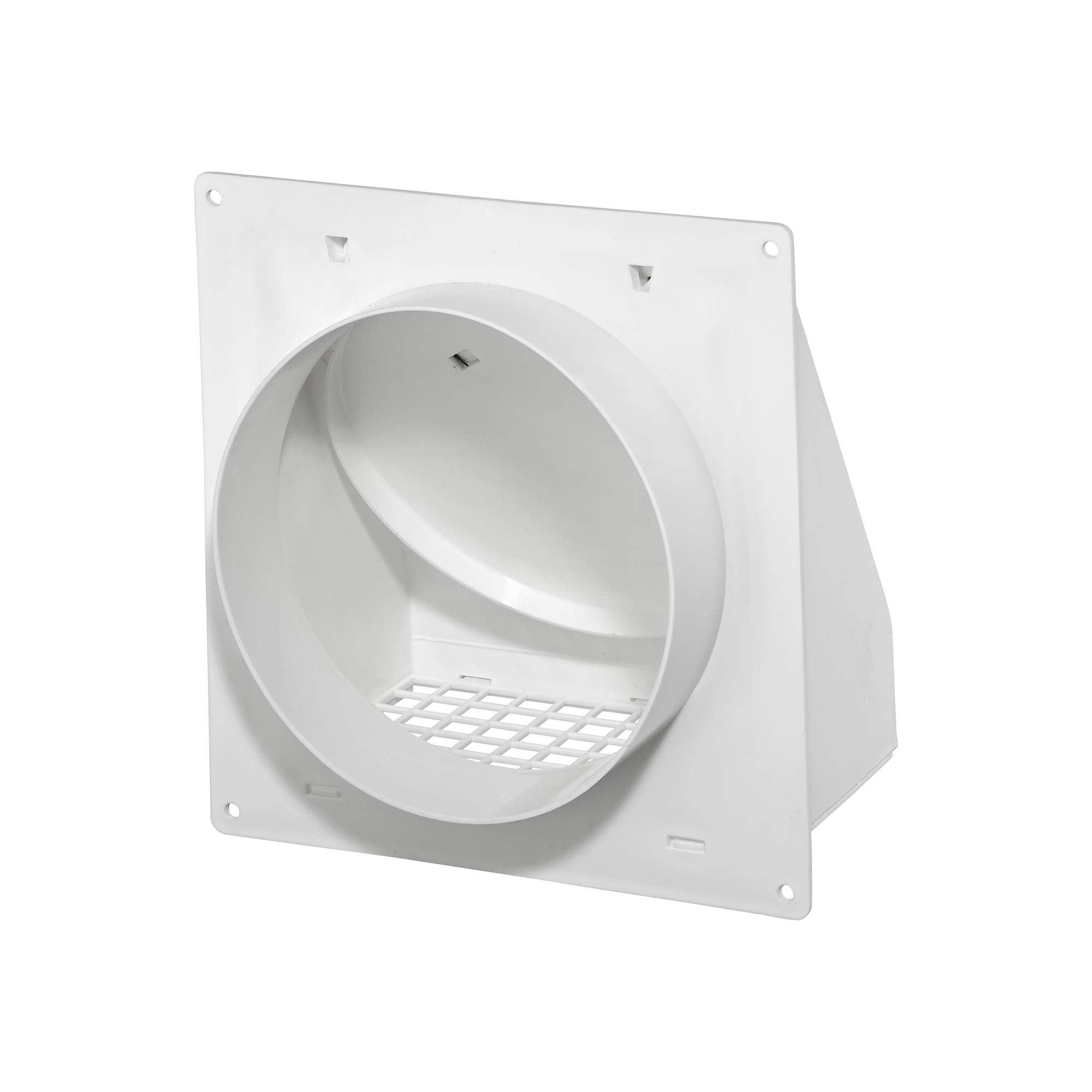 3510W-FF-06 White Plastic Wall Exhaust Hood Bath Fan Vent - Spring Damper - Removable Screen - Flat Flange - 1.5 inch Collar - Back Opened