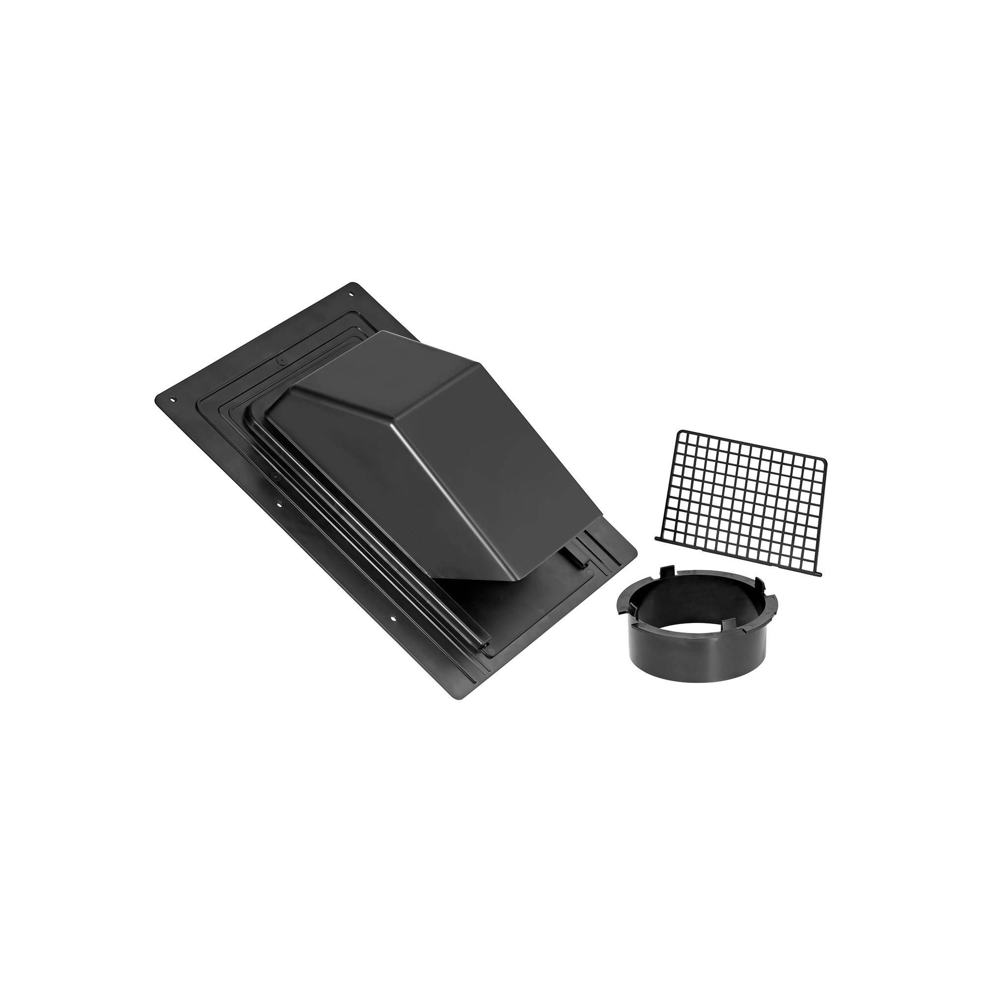 3540RCS-01 Black ABS Plastic Roof Exhaust Vent - Damper - 1/4 inch Removable Screen - 4 inch Snap-In Collar - Unassembled