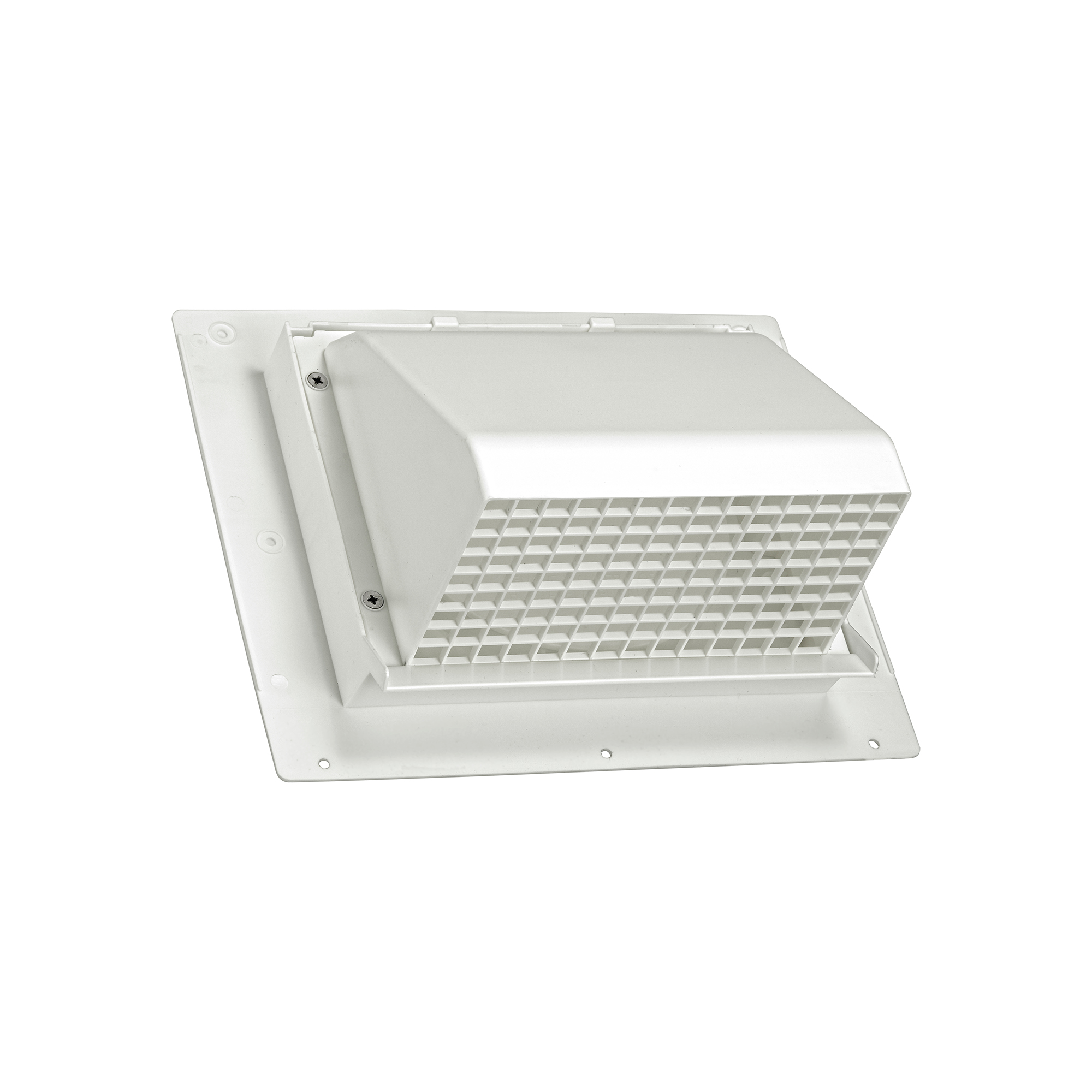 3510W-2P-01 White Plastic Wall Exhaust or Intake Hood Vent - Spring-Controlled Damper - Fixed Screen - Water Drip Edge - Oversized Flange - 2.6 inch Collar - Angled Closed