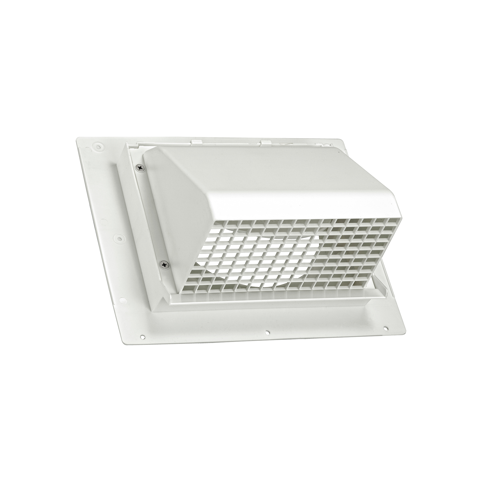 3510W-2P-02 White Plastic Wall Exhaust or Intake Hood Vent - Spring-Controlled Damper - Fixed Screen - Water Drip Edge - Oversized Flange - 2.6 inch Collar - Angled Opened