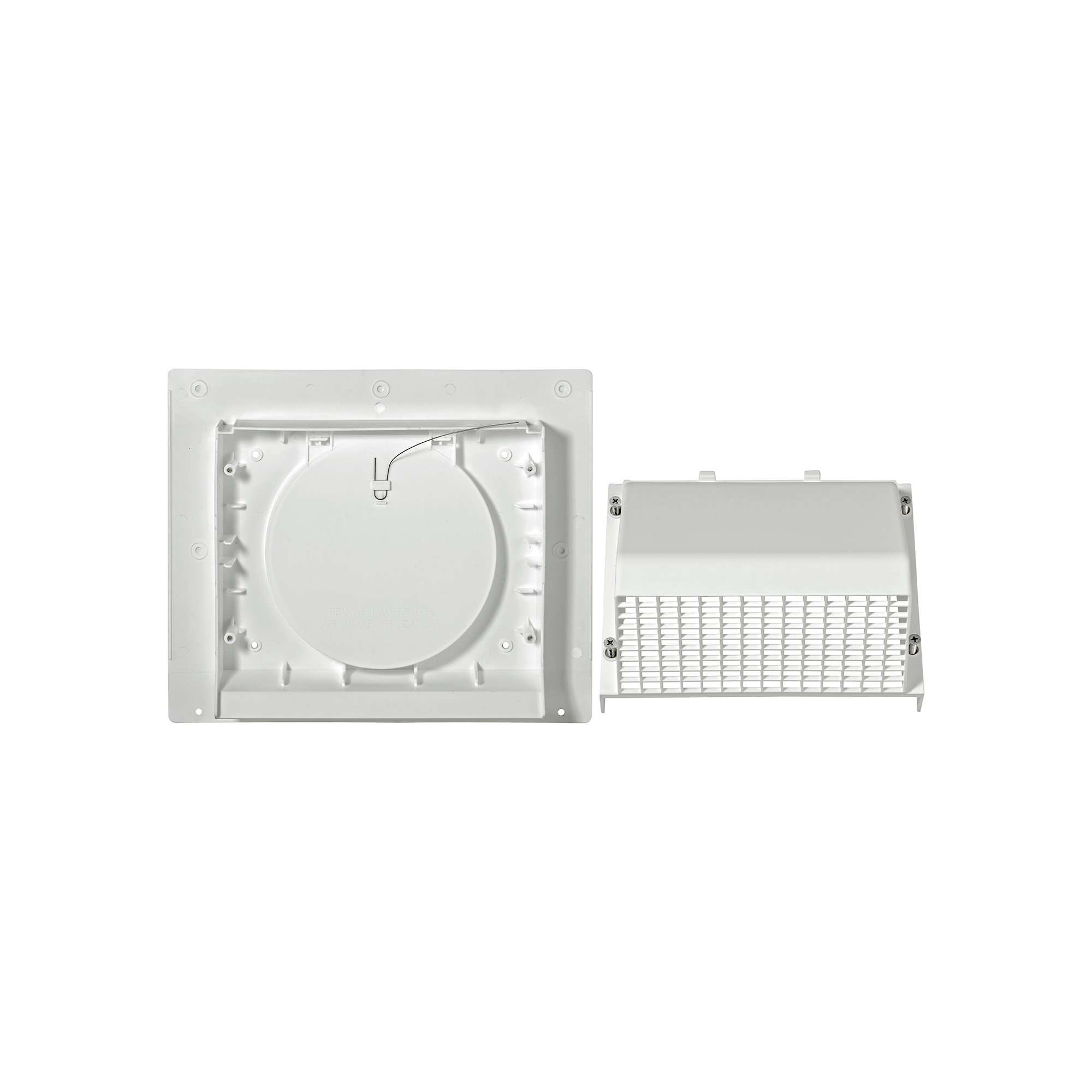 3510W-2P-06 White Plastic Wall Exhaust or Intake Hood Vent - Spring-Controlled Damper - Fixed Screen - Water Drip Edge - Oversized Flange - 2.6 inch Collar - Disassembled 1