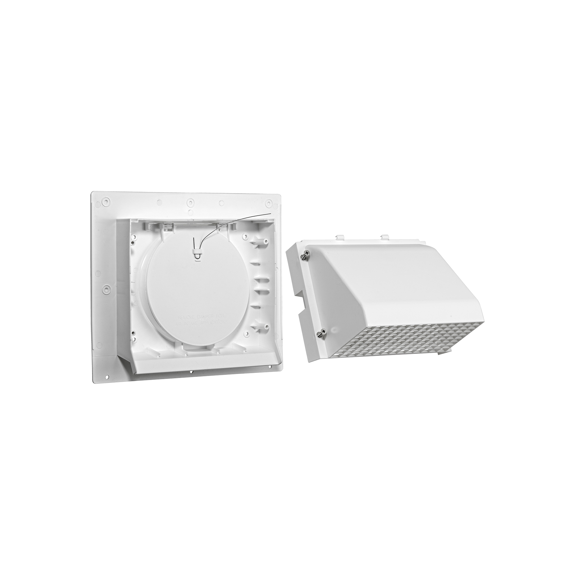 3510W-2P-07 White Plastic Wall Exhaust or Intake Hood Vent - Spring-Controlled Damper - Fixed Screen - Water Drip Edge - Oversized Flange - 2.6 inch Collar - Disassembled 2